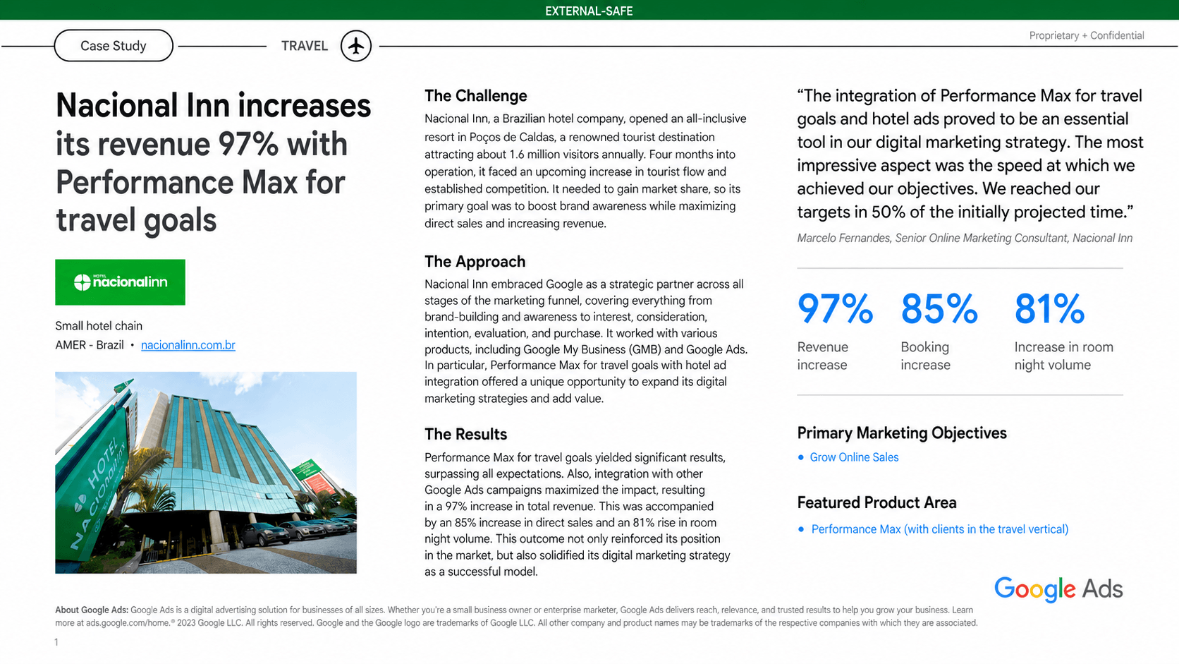 Case Google global do Google Travel com Nacional Inn e Performance Max for travel goals
